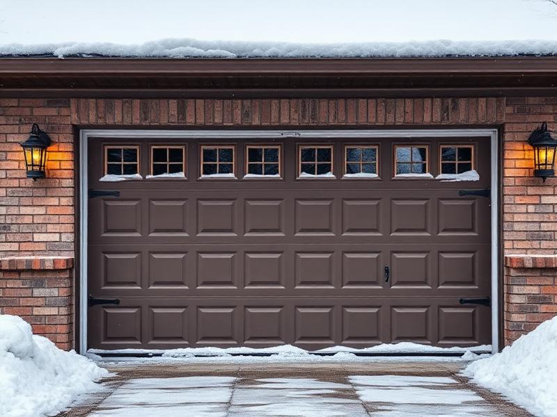 Garage door in cold winter weather with snow and ice