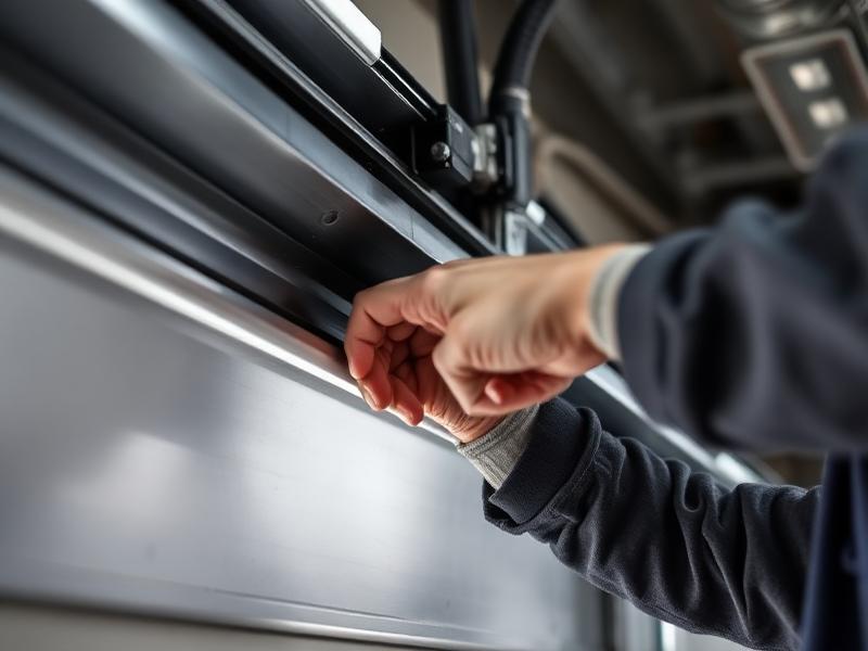 Technician repairing garage door track alignment